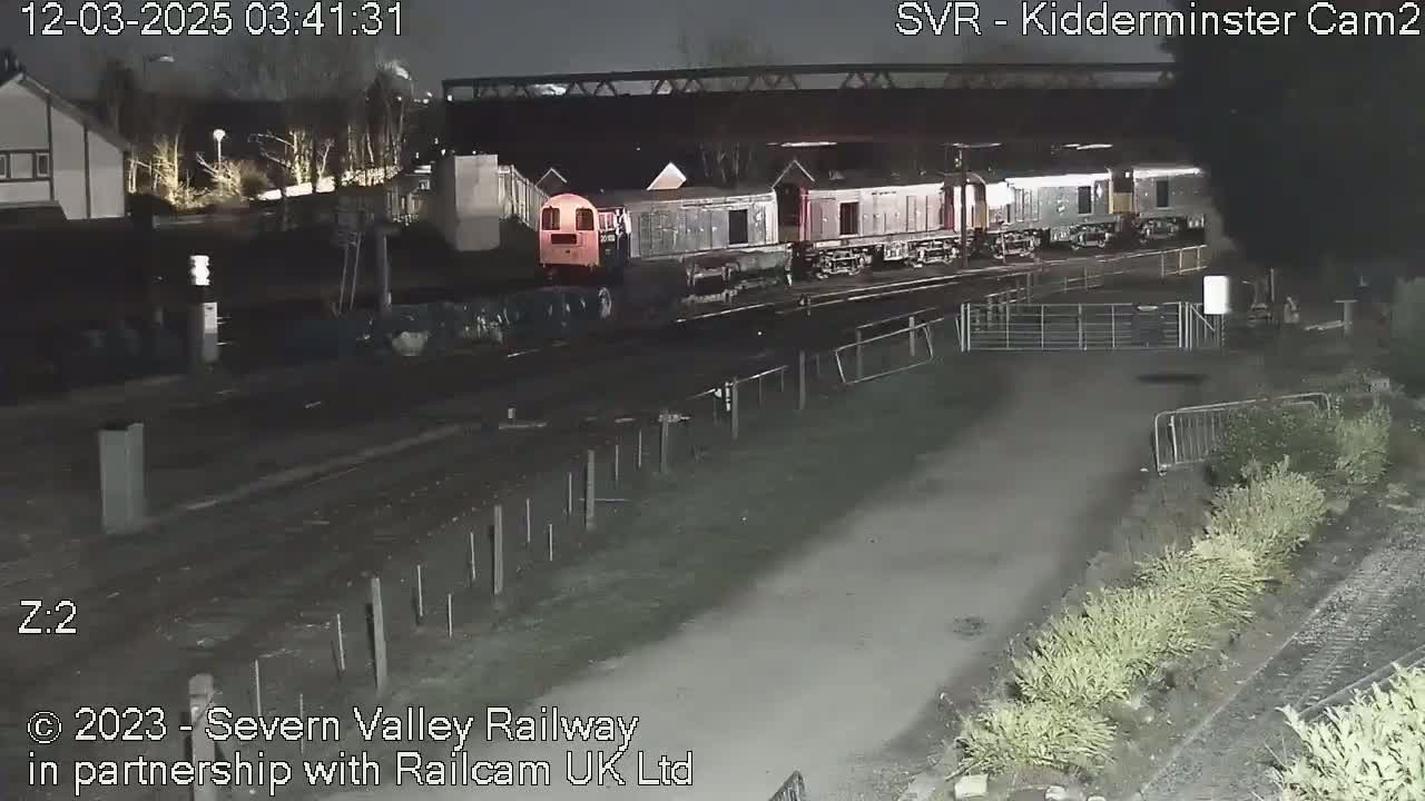 At night, a train consisting of several carriages passes under a bridge next to a roadway.
