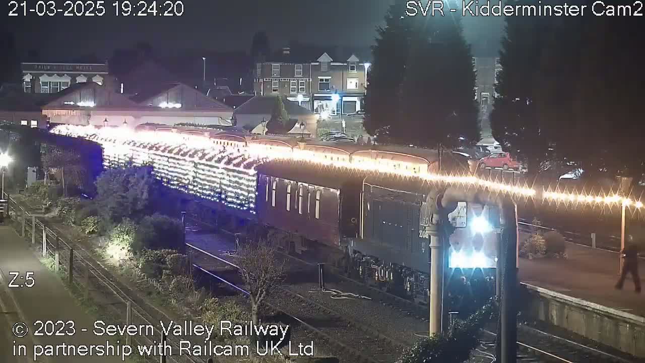 A long train adorned with lights sits at a nighttime train station.