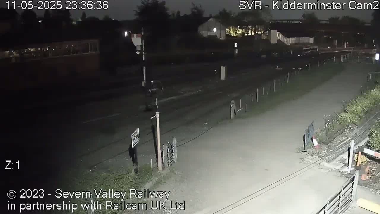 A nighttime, low-light view of a railway crossing with a road and some vegetation.