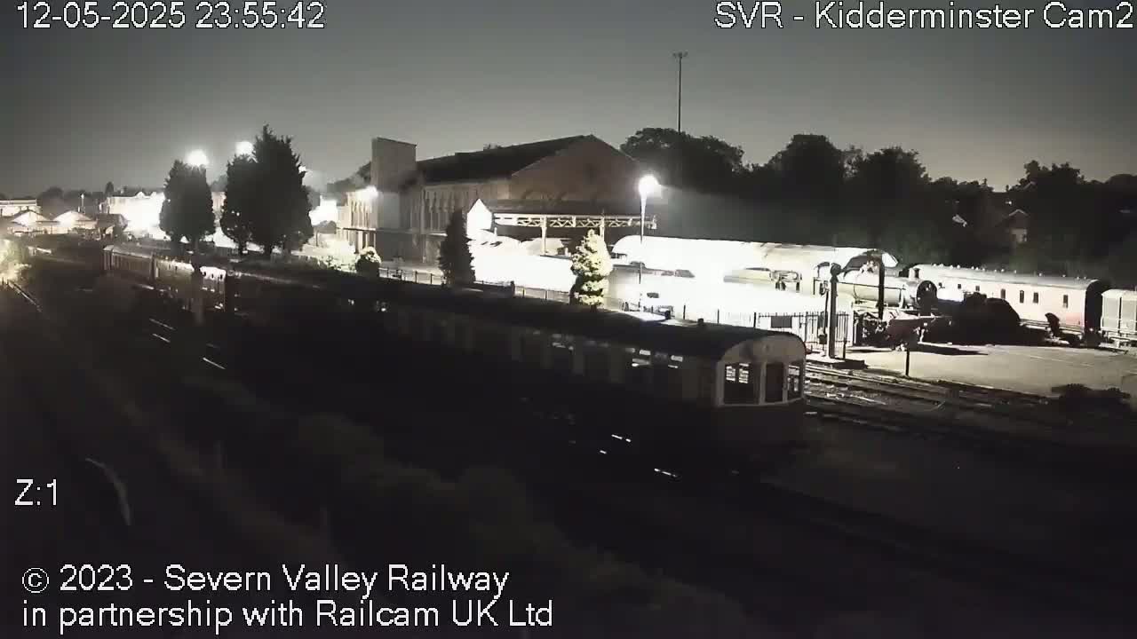 At night, a train sits in a dimly lit railway yard near several other railcars and buildings.