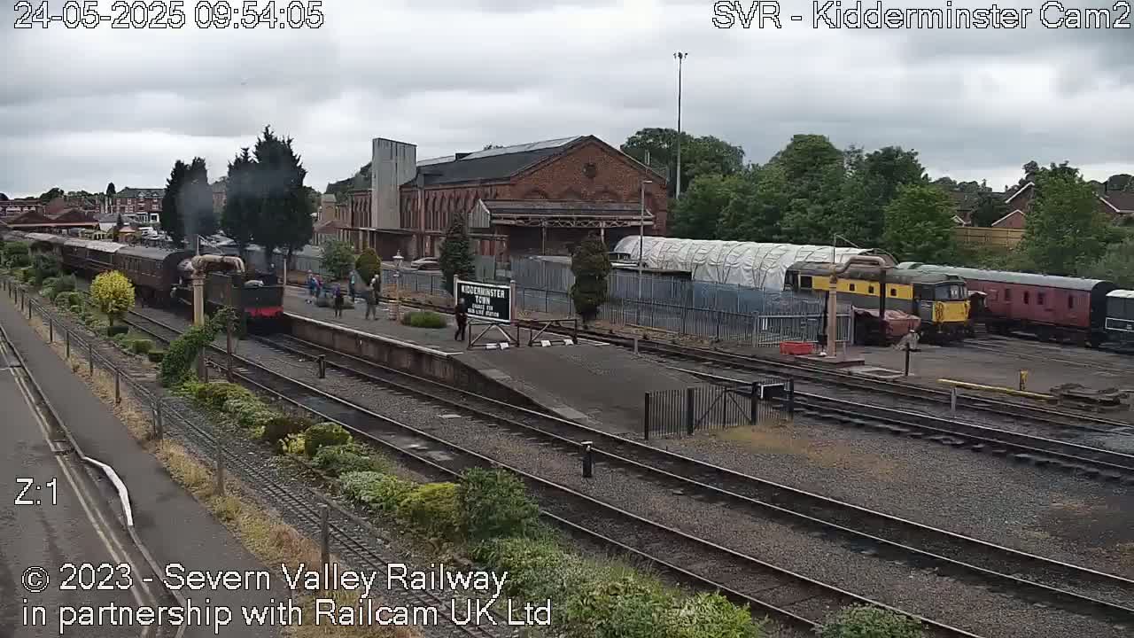 A steam train pulls into a railway station on an overcast day.