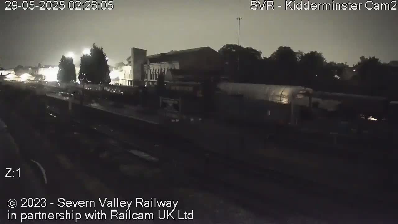 A nighttime view of a train at a station, under a dark, overcast sky.