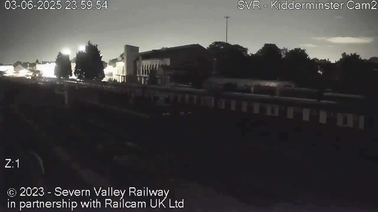 A long train sits in a dimly lit station at night.