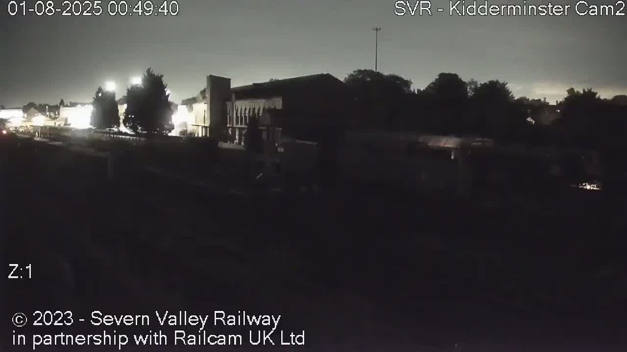 A nighttime, low-light view of a dark train and buildings partially obscured by trees under an overcast sky.