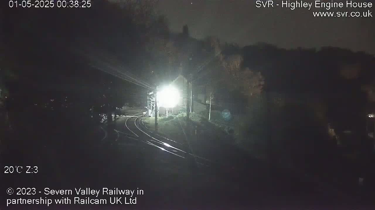 A brightly lit train station at night, surrounded by dark trees and railroad tracks.