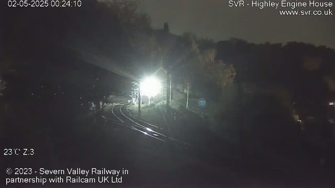 A nighttime, overhead view of a brightly lit train station area with train tracks and surrounding dark trees under a clear sky.