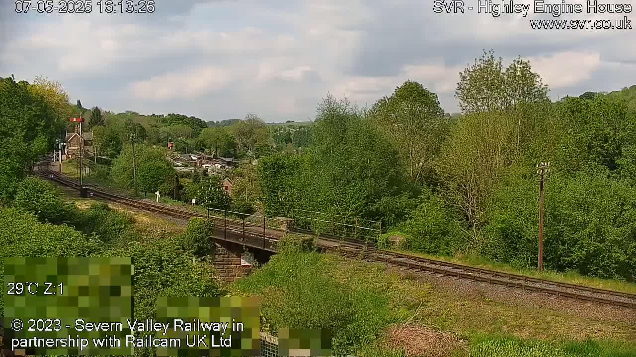 A partly cloudy day shows a railway track curving through a lush green landscape with trees and a stone railway bridge.