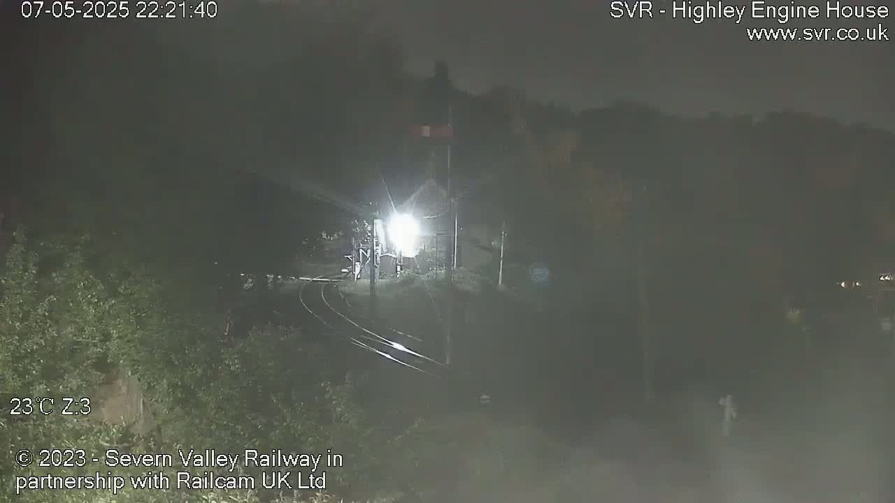 A nighttime, dimly lit view of a train approaching a station, surrounded by dark foliage.