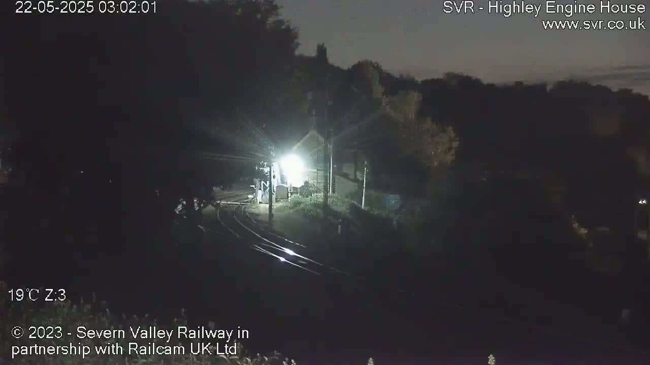 A nighttime view of a dimly lit train station and surrounding trees under a dark sky.