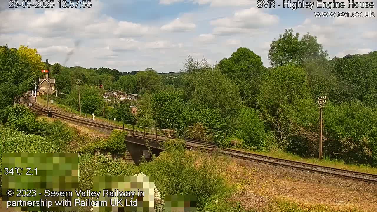 A train track curves through a lush green landscape under a partly cloudy sky.