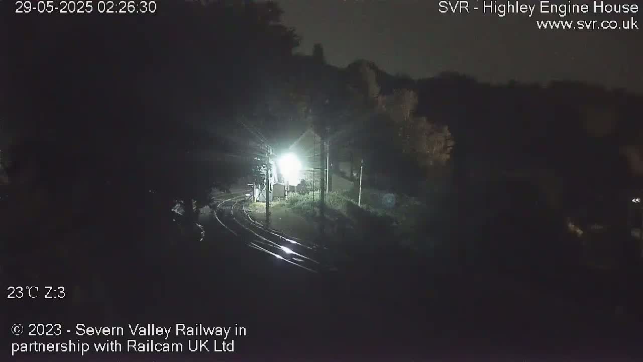 A nighttime, brightly lit view of train tracks curving through a dark, tree-lined area.