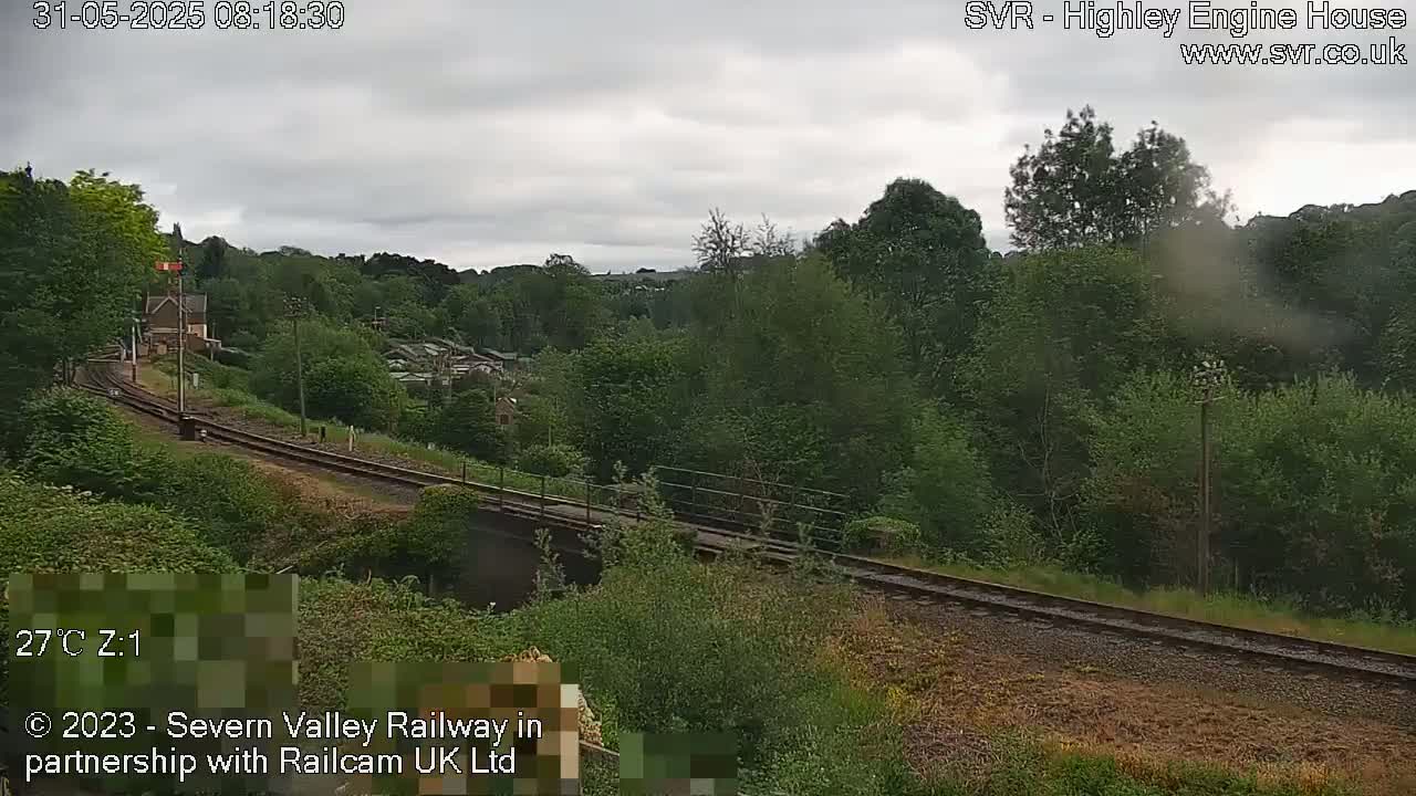 A train travels along railway tracks that curve through a lush green landscape under a cloudy sky.