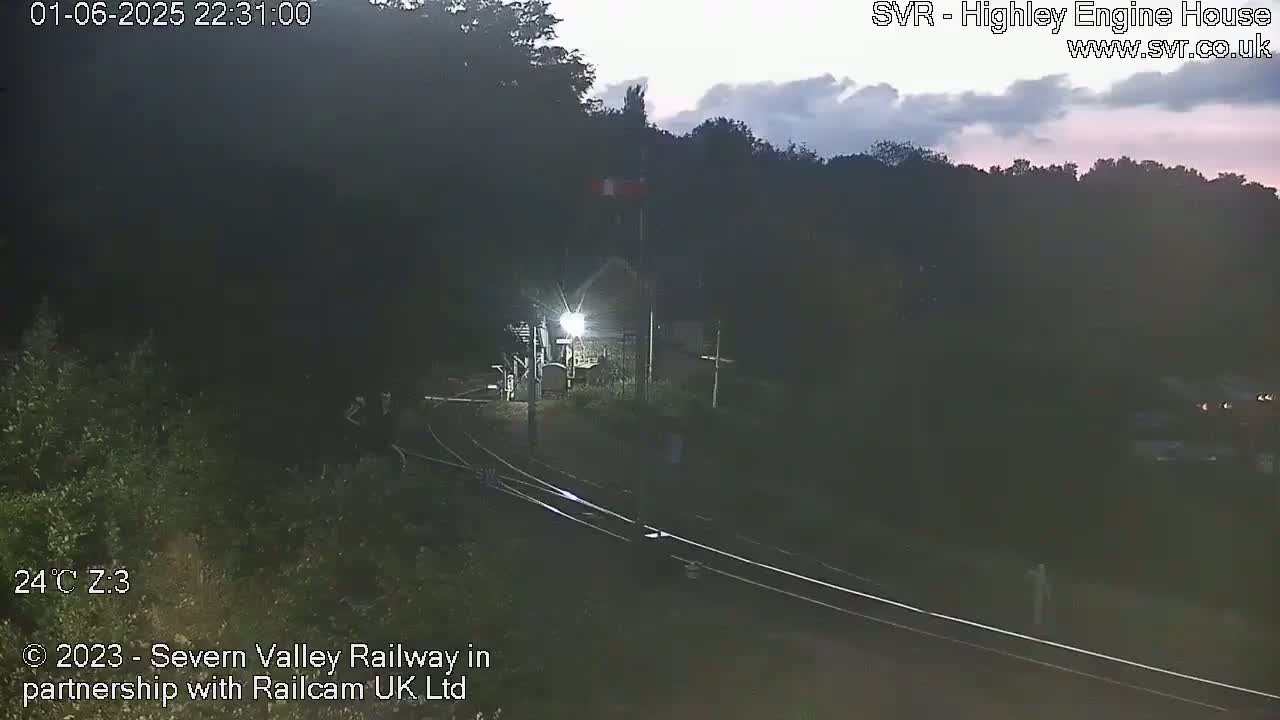 A nighttime view of a dimly lit train yard, surrounded by dark trees under a twilight sky.