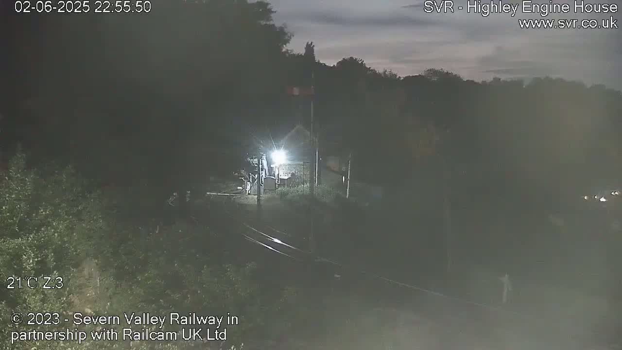 A nighttime, dimly lit view of a railway station, partially obscured by trees and darkness, under a cloudy sky.