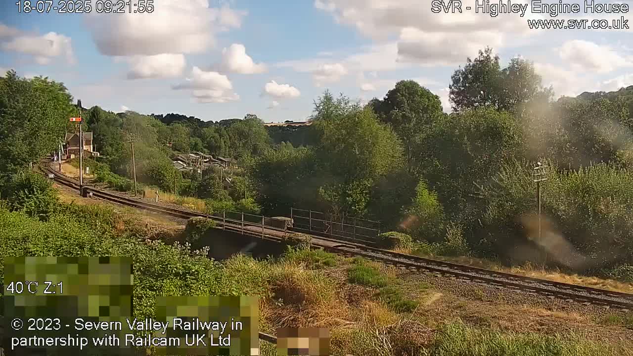 A train track curves through a lush green valley under a partly cloudy sky.