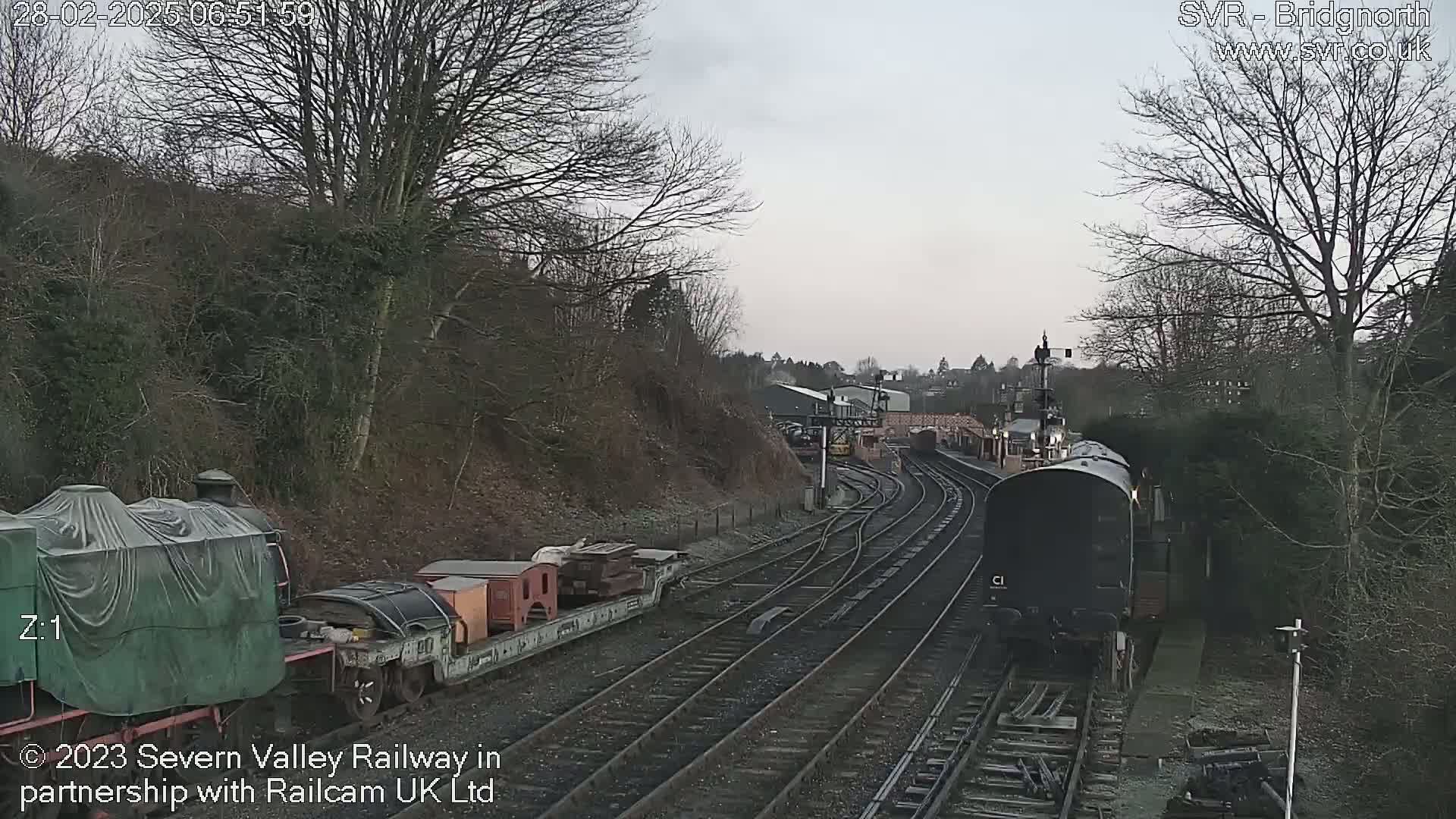 A train passes by on a railway line bordered by bare trees under an overcast sky.