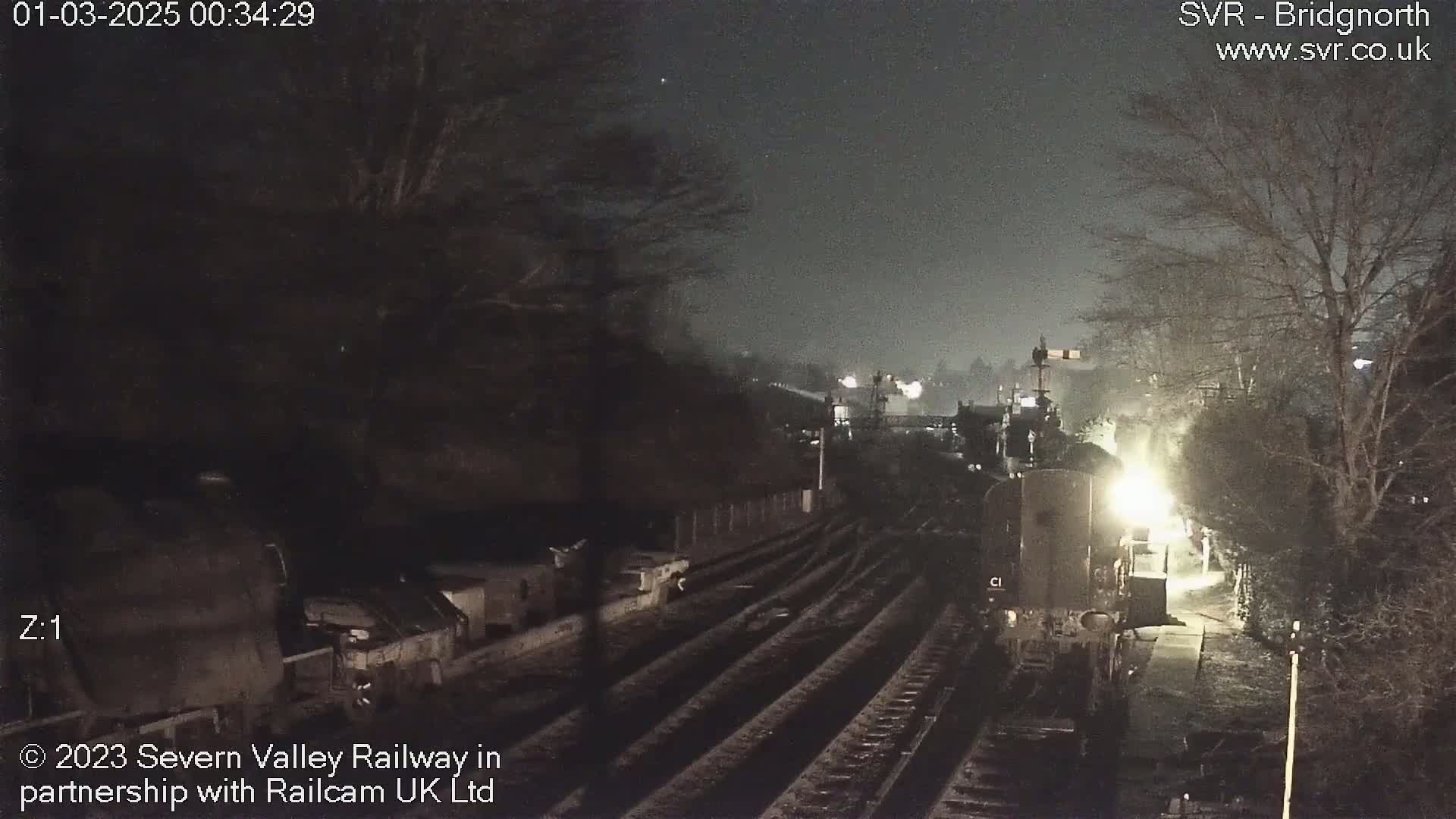 A nighttime view of a train at a station, under a dark, cloudy sky.