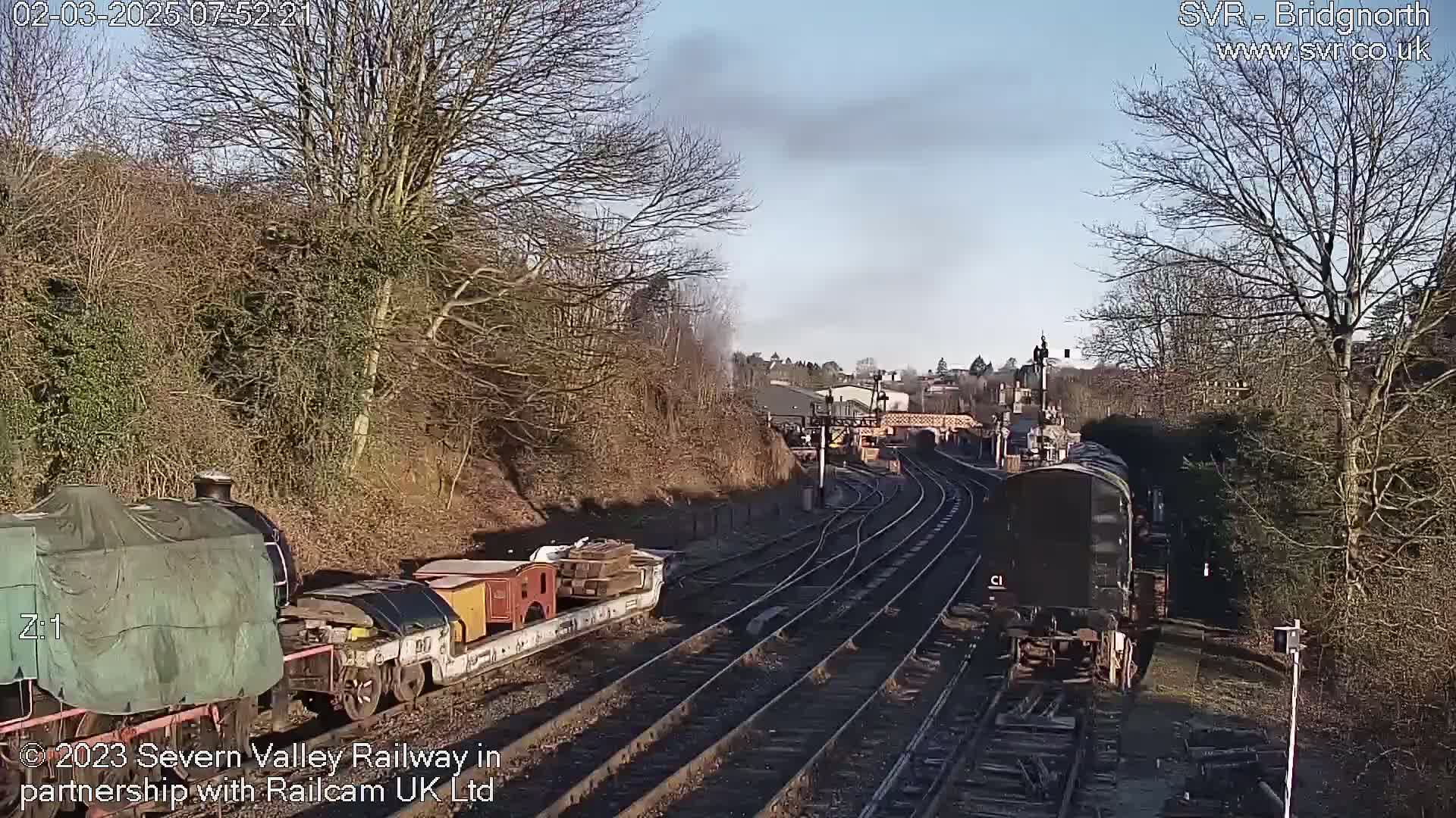A sunny day shows two trains on a railway track surrounded by bare winter trees, one train carrying cargo and the other appearing to be a locomotive.