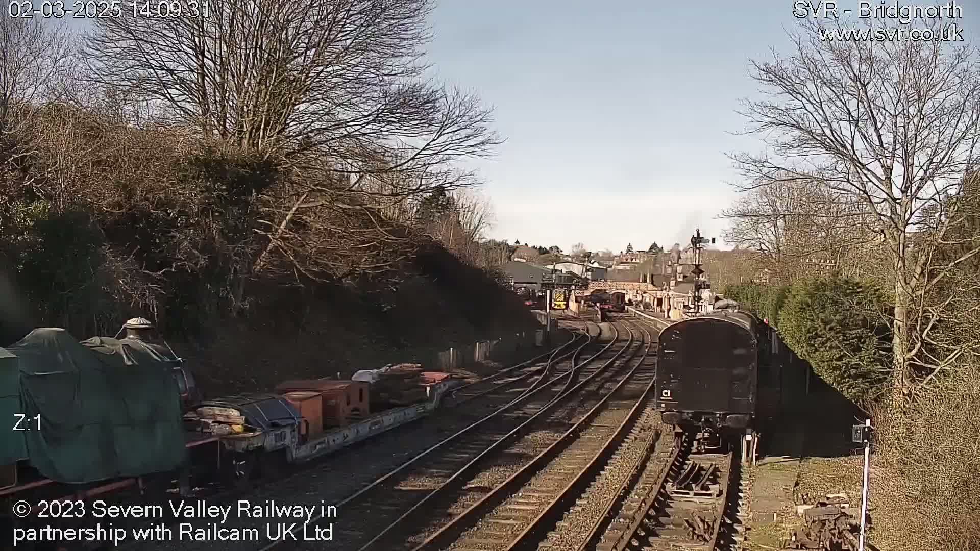 Two trains, one covered and one uncovered, are visible on a sunny day on a railway track that curves through a landscape of bare trees and shrubbery.