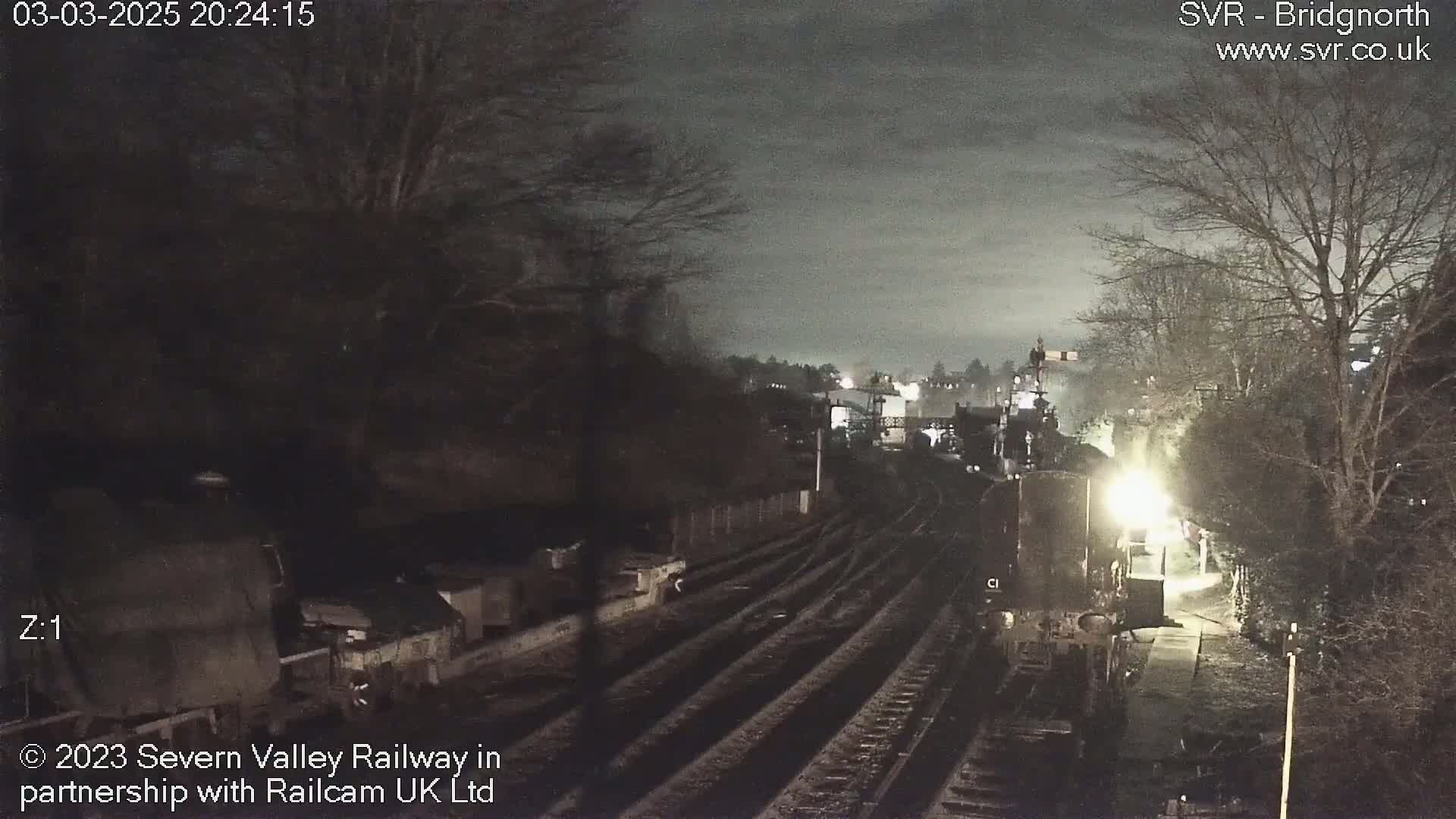 A nighttime view of a train yard with multiple train cars and tracks, under a dark, cloudy sky.
