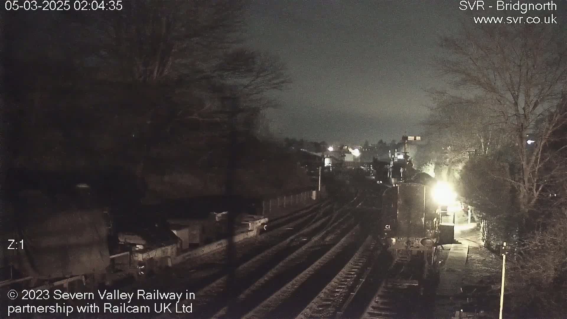 A nighttime view of a train at a station, illuminated by its headlights, surrounded by dark trees under a cloudy sky.