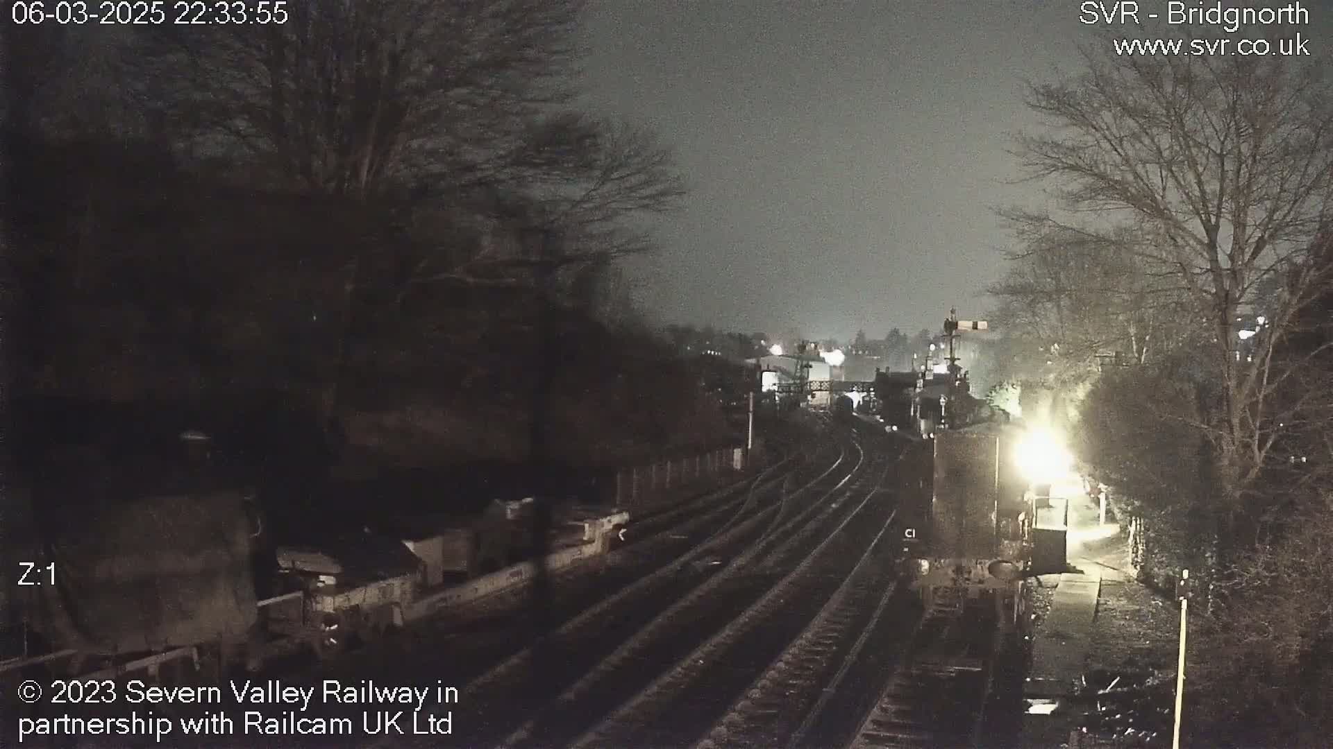 A nighttime view of a train station with several train tracks and dark, bare trees under a cloudy sky.