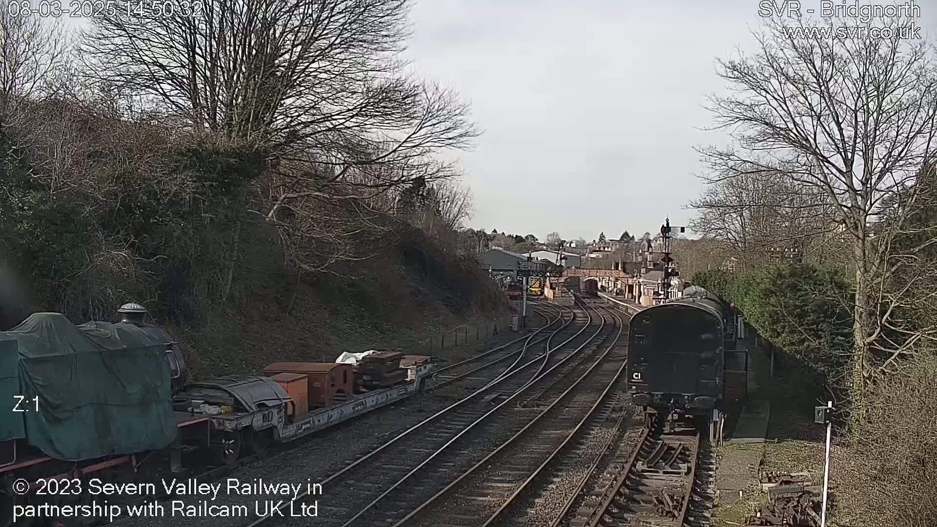 A train passes a railway yard on a partly cloudy day, with bare trees lining the tracks.