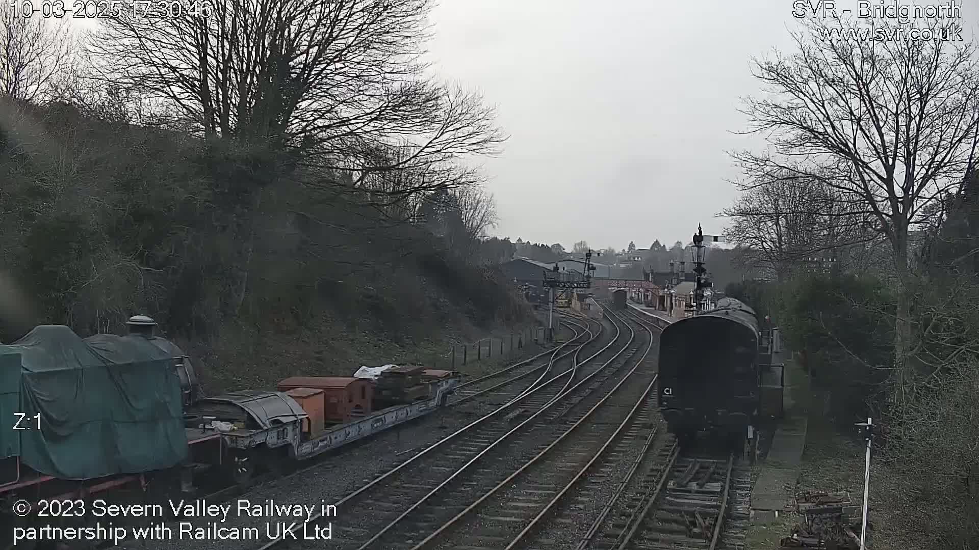 A dark-colored train approaches a railway junction on an overcast day, passing a stationary train partially covered by a tarp.