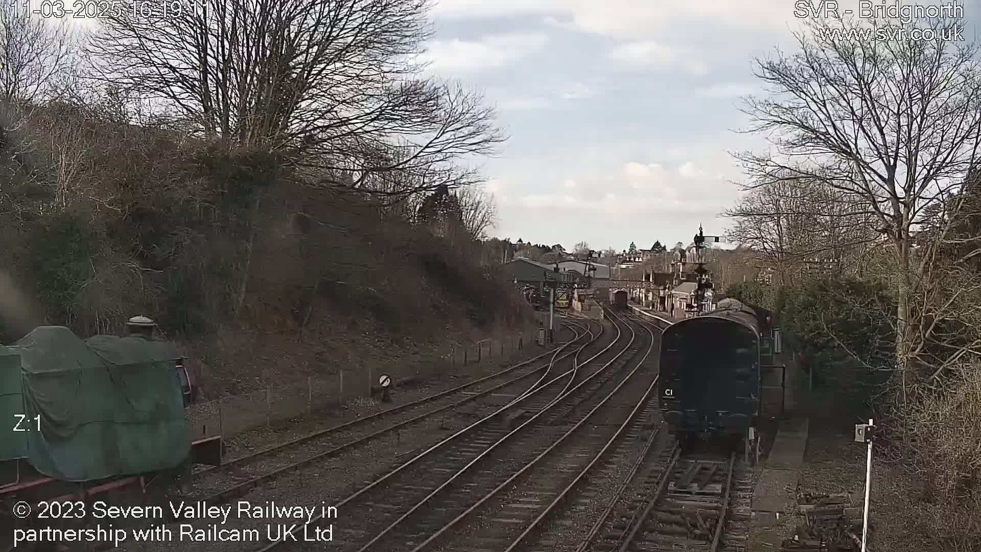 A train travels along railway tracks on a partly cloudy day, passing another train stopped at a station surrounded by bare trees and a hillside.