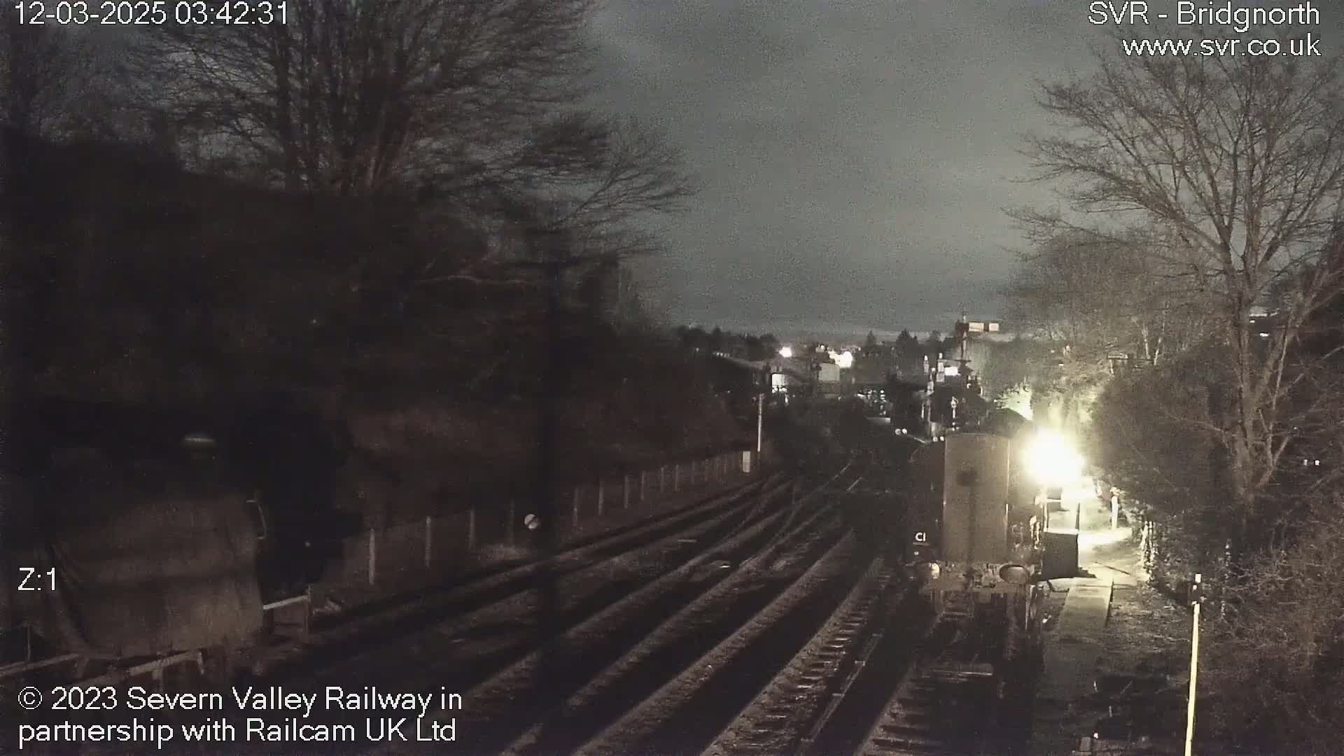 A nighttime view of a train approaching a station on multiple train tracks, under a dark, overcast sky.