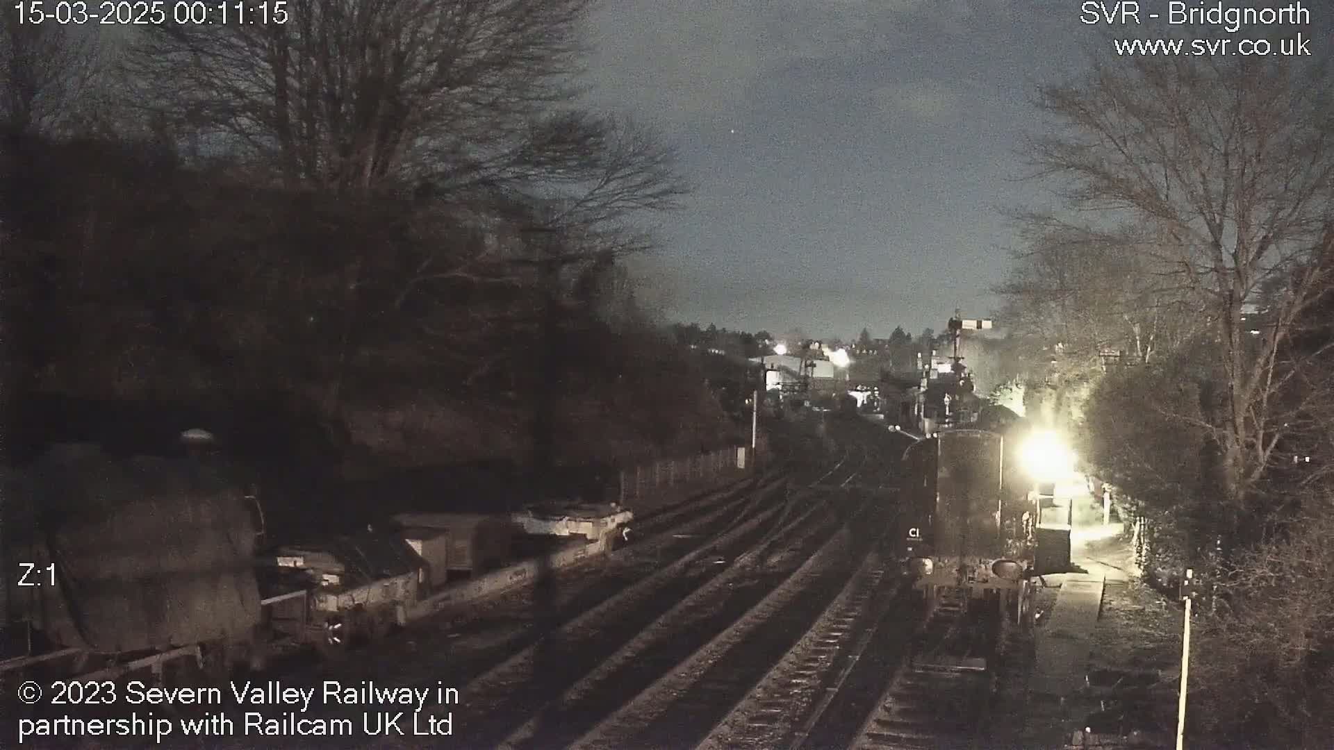 A nighttime view of a train arriving at a station, illuminated by its headlights, surrounded by dark trees and under a mostly clear sky.