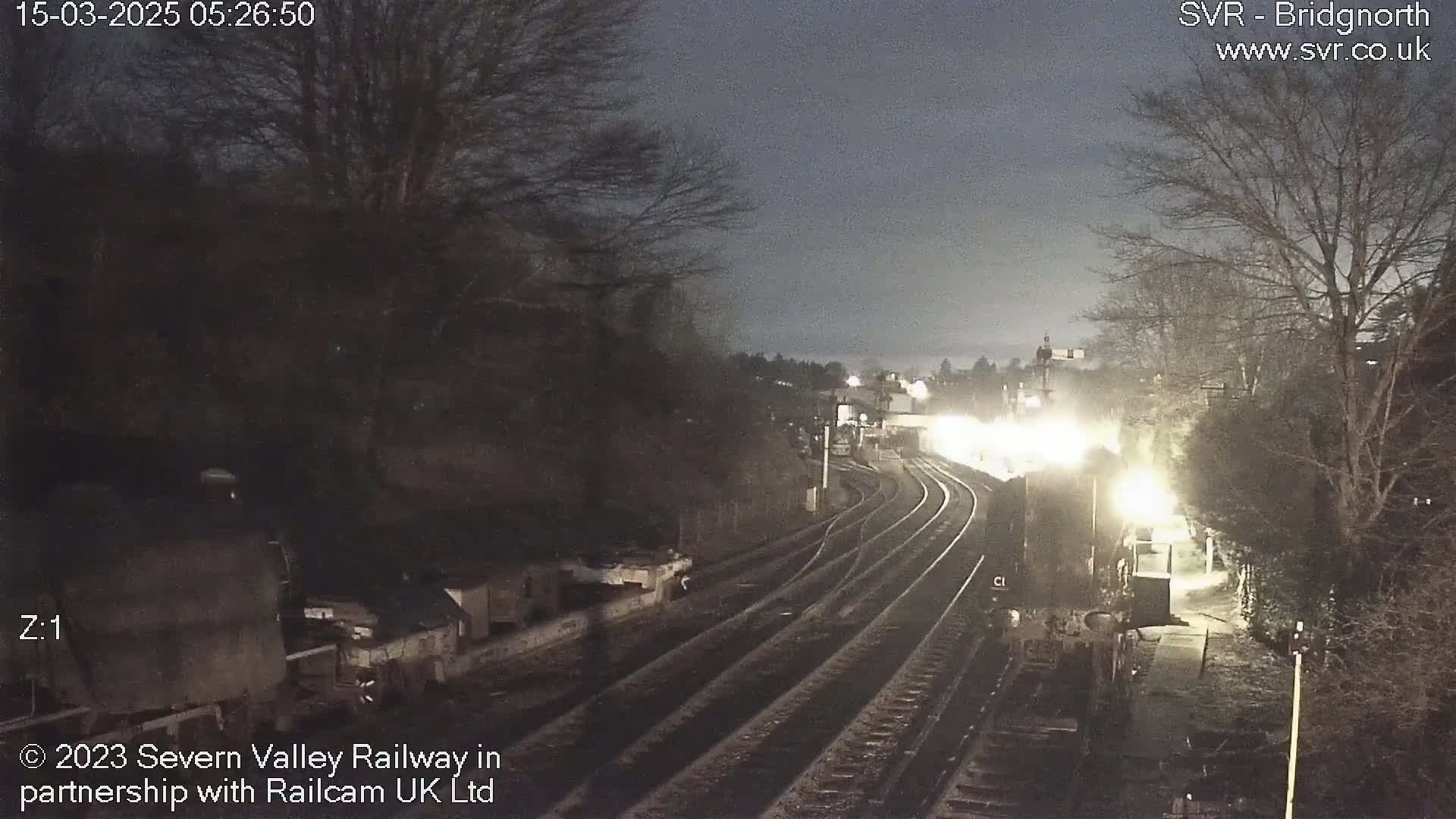 A nighttime view of a train station with several train tracks and dimly lit surroundings.