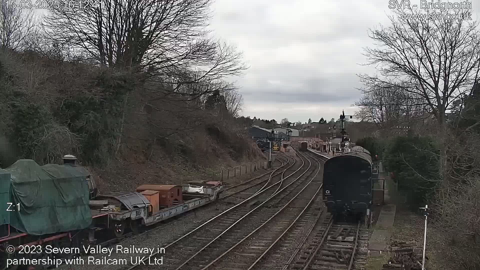 A dark-colored train approaches a railway station on an overcast day, passing by several rail cars and a covered locomotive.