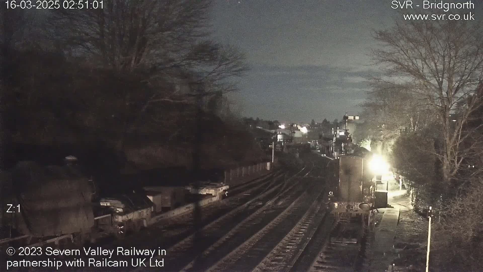 A nighttime view of a train station with a train illuminated by its headlights on a track, surrounded by bare trees under a dark sky.