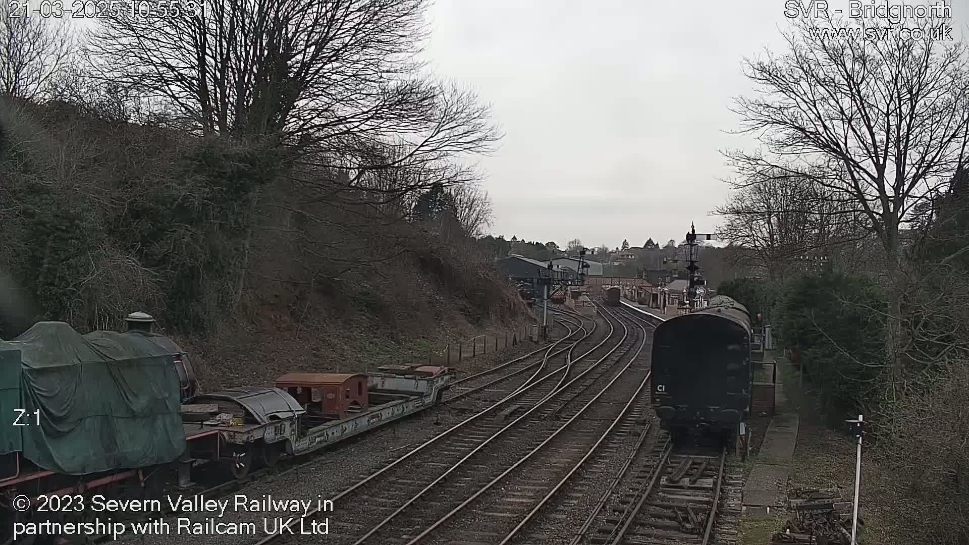 A train on a railway track passes by another train and several railway cars that are parked on a siding, under an overcast sky.