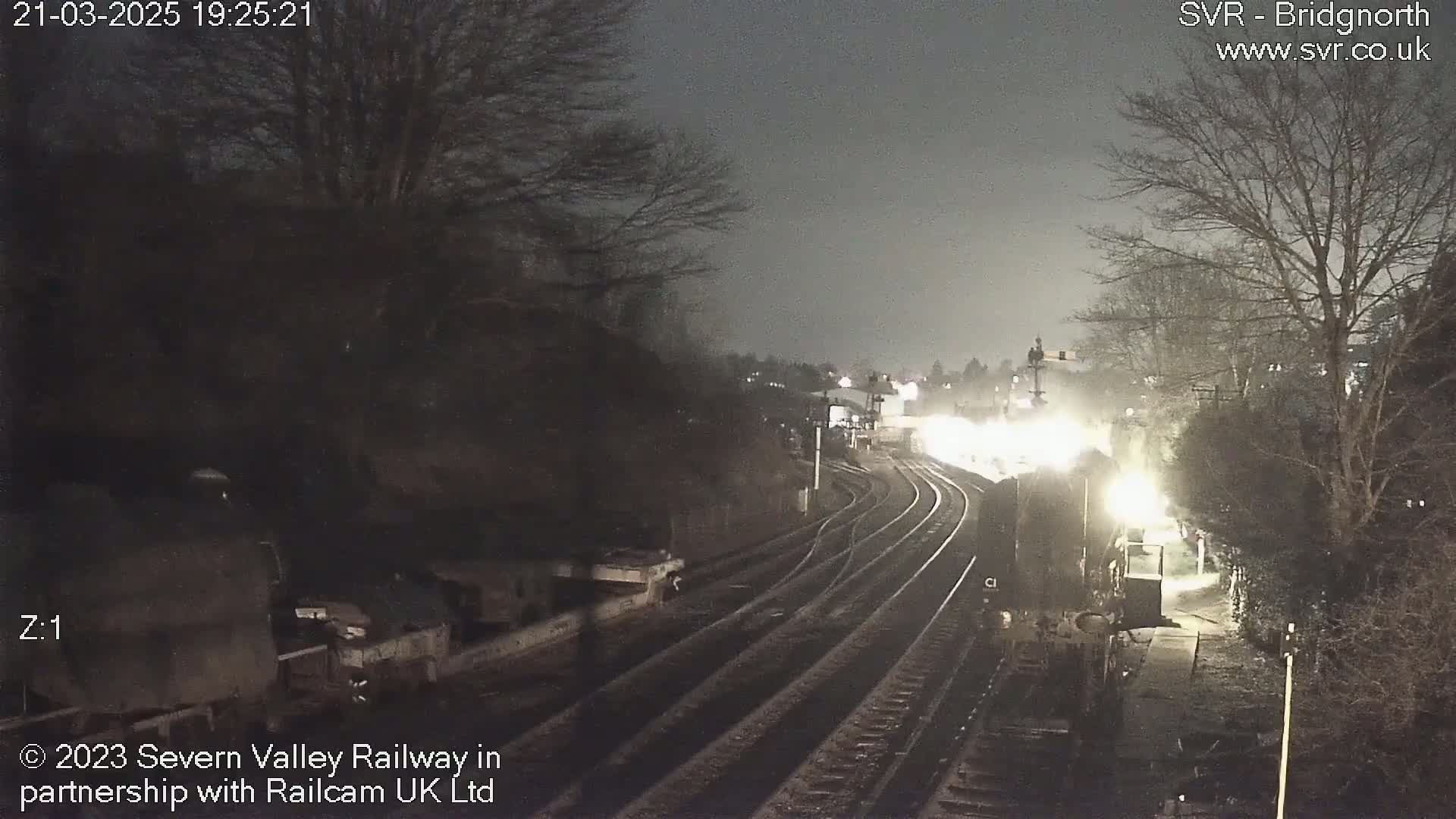 A nighttime view of a train station with several train tracks, lit by artificial lights under a dark, overcast sky.