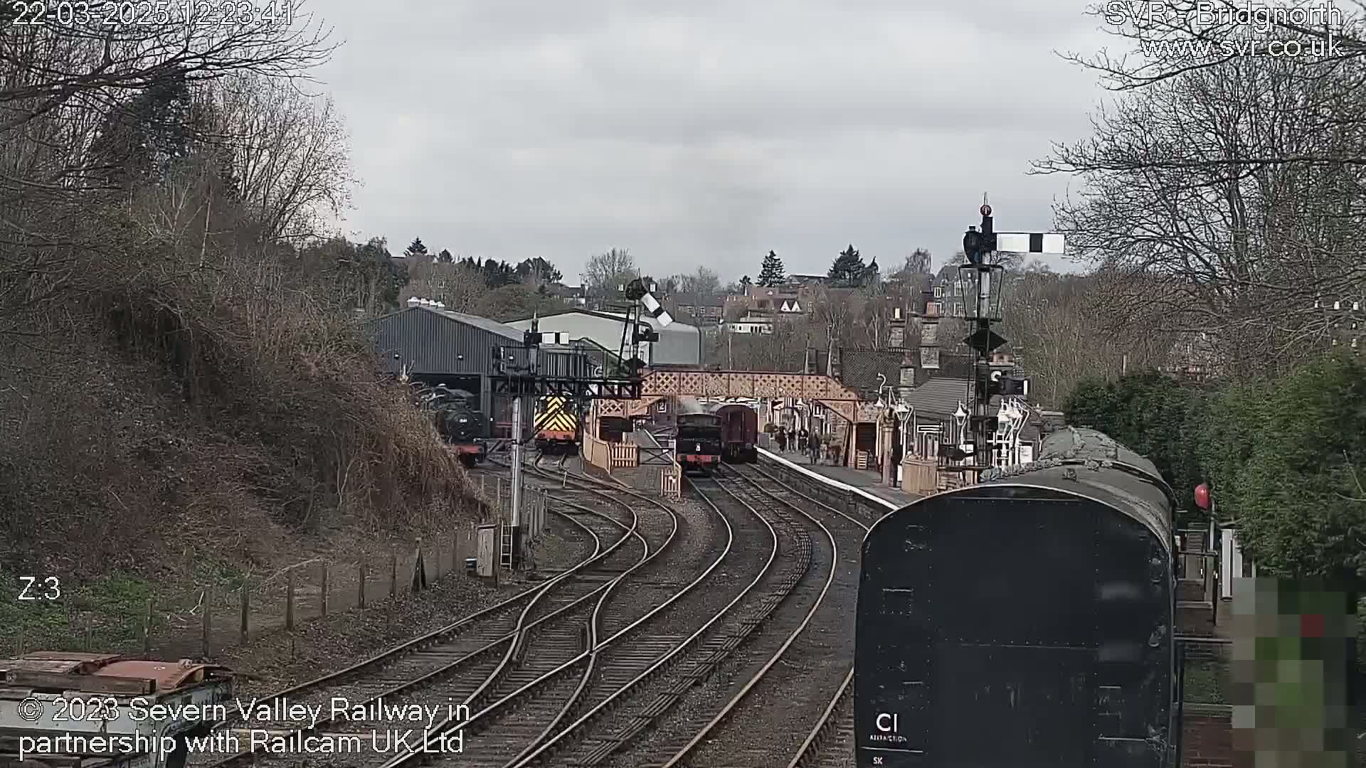 Several steam trains are on railway tracks at a station on an overcast day.