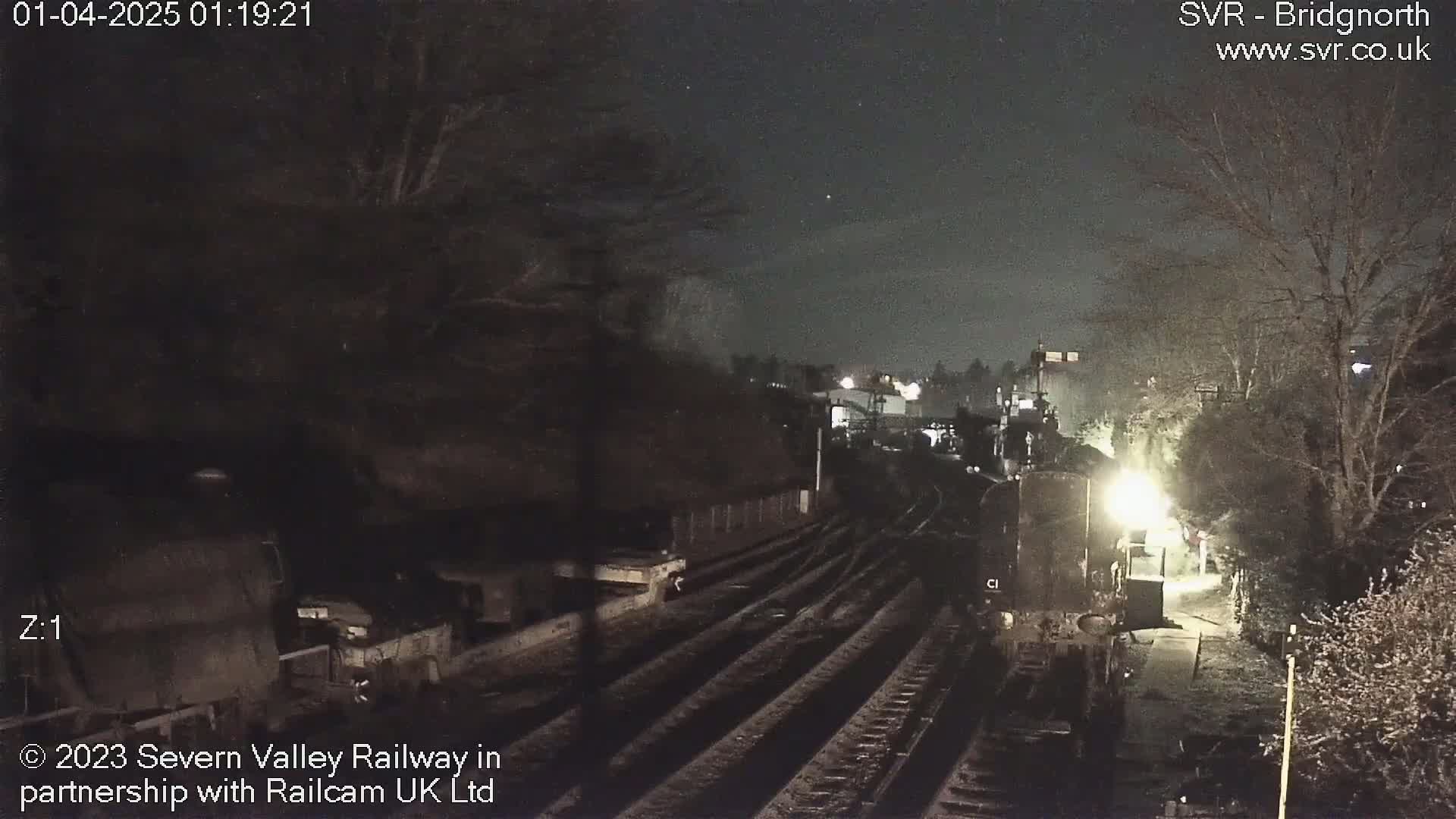 A nighttime view of a train station with multiple train tracks, illuminated by artificial lights, under a clear, dark sky.