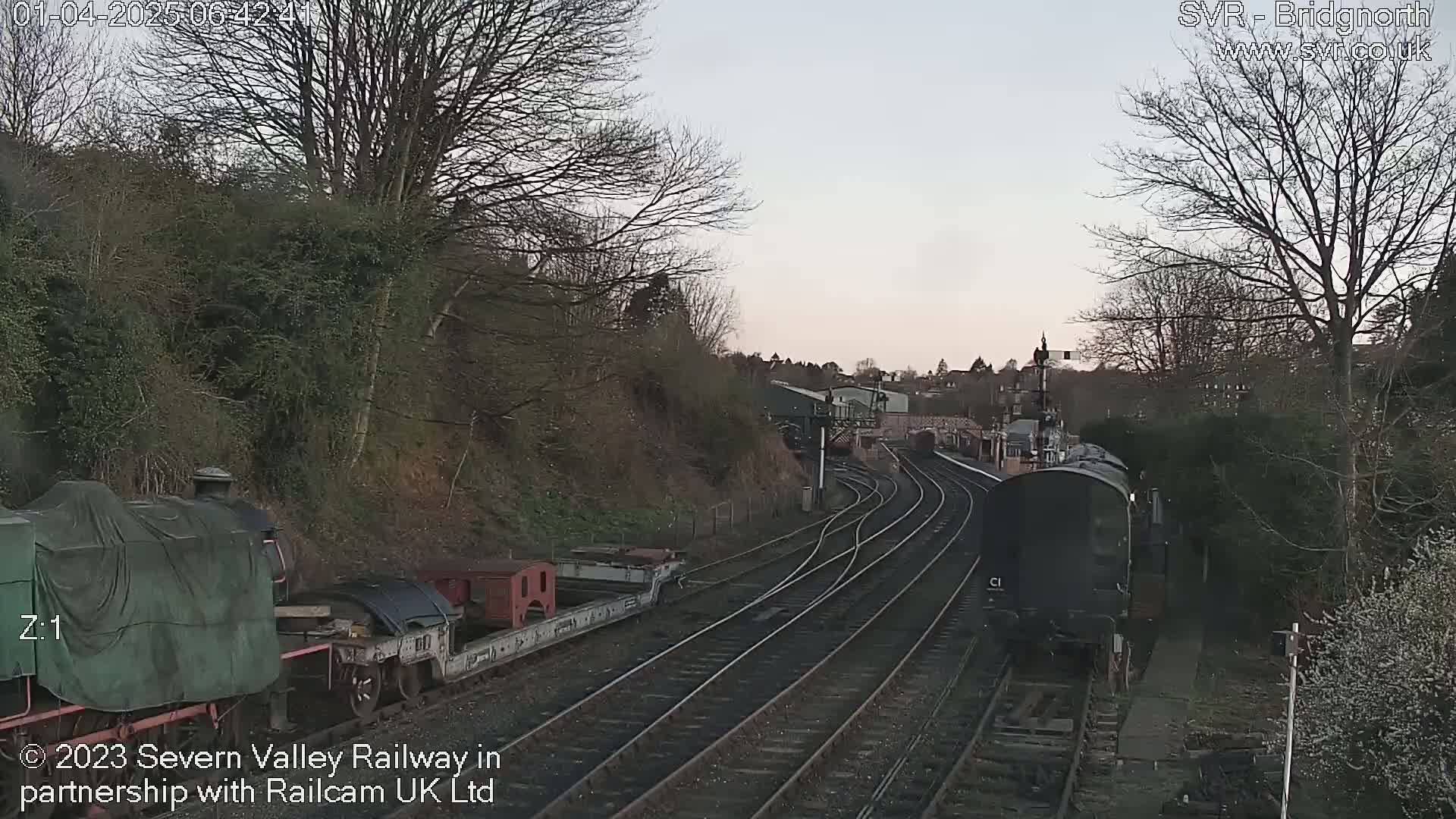 A train is moving along a railway track in a landscape with bare trees under a twilight sky.