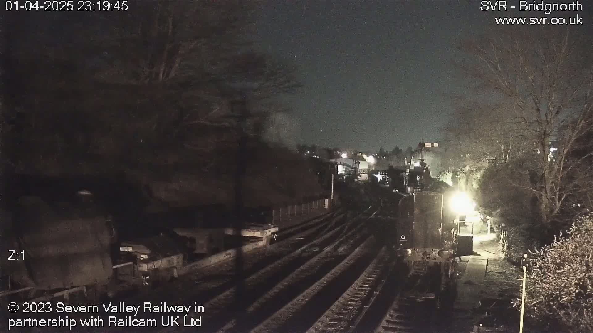 A nighttime view of a train on railway tracks, partially obscured by shadows and trees under a dark sky.