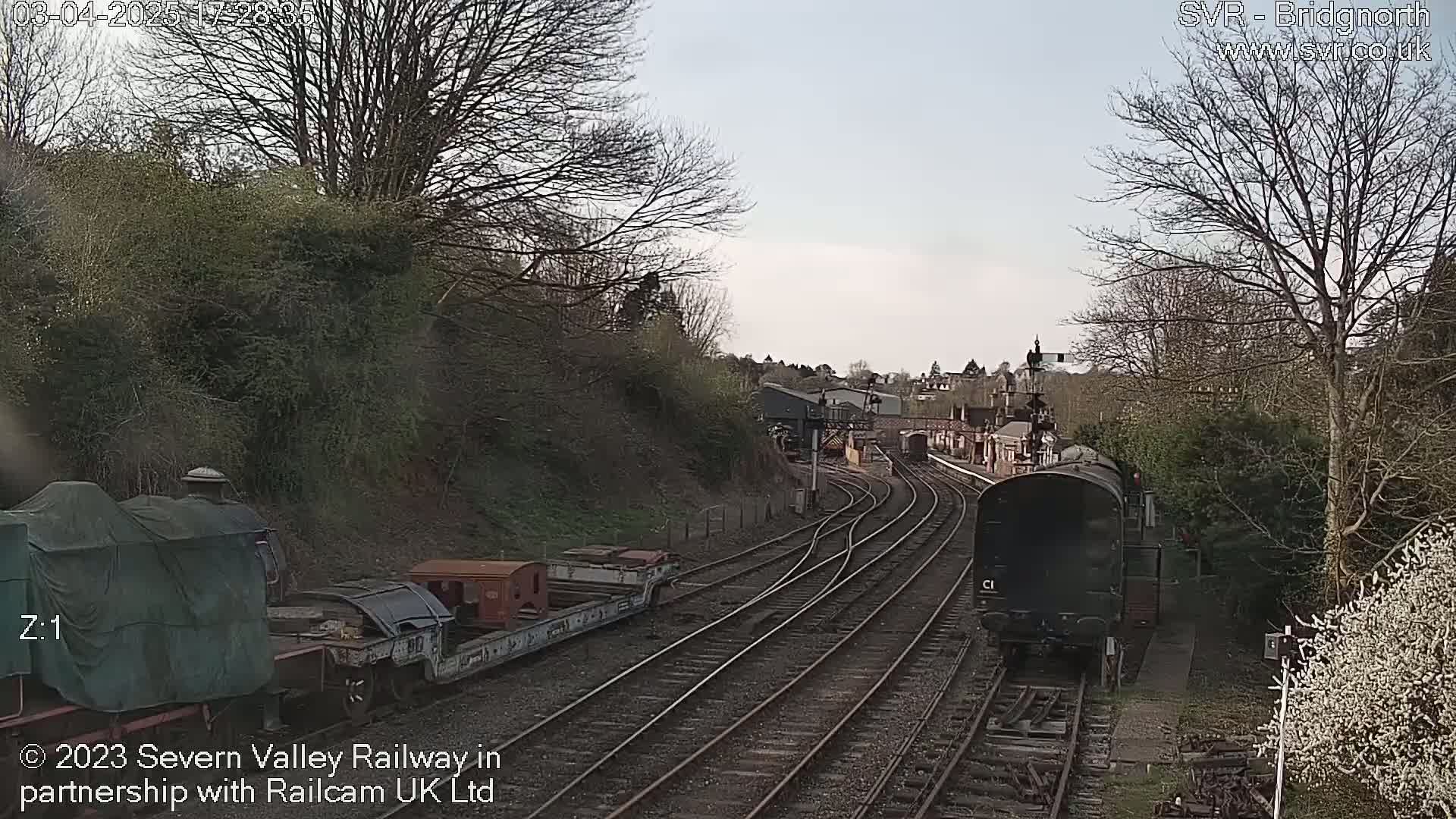 A railway scene on a partly cloudy day shows several train cars and locomotives on multiple tracks, surrounded by trees and shrubs.