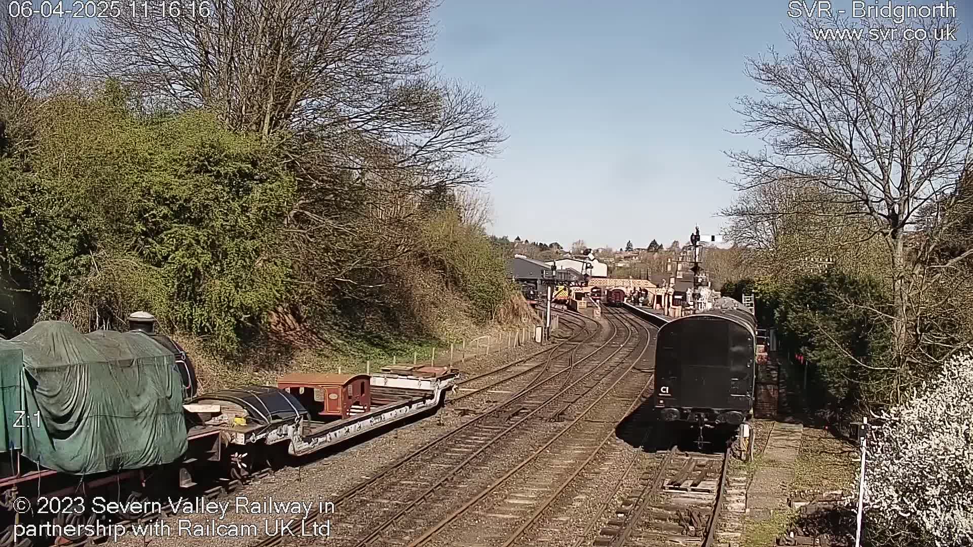 A sunny day at a railway station shows several train cars on multiple tracks, some covered and others open, with trees and greenery surrounding the area.
