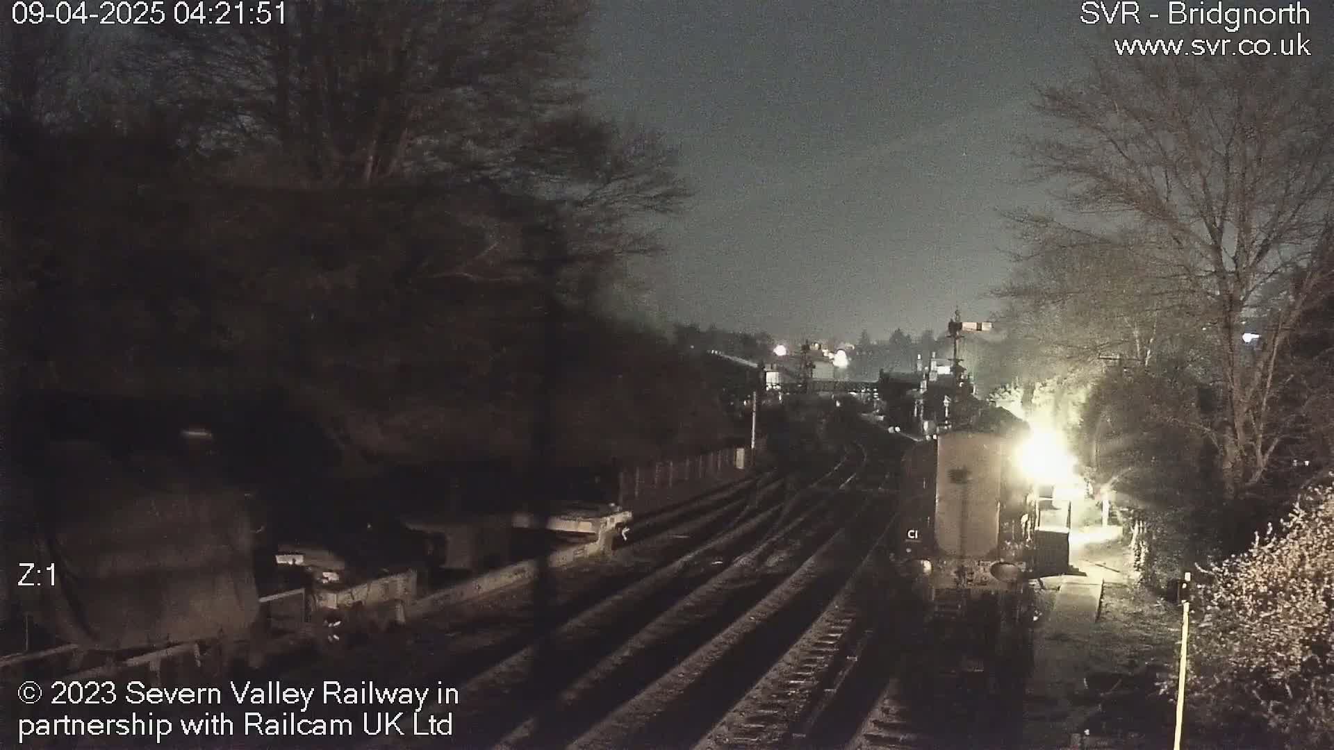 A nighttime view of a dimly lit train station with train tracks extending into the distance, surrounded by bare trees under a dark sky.