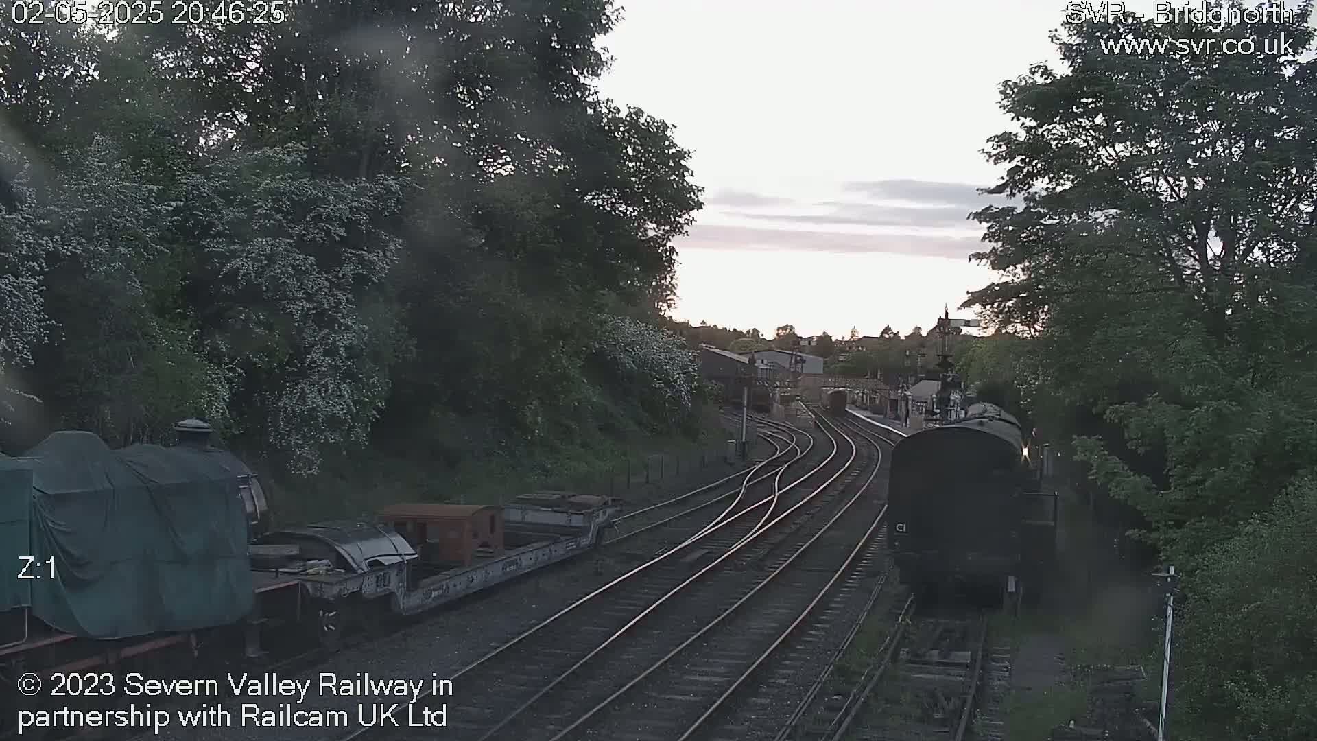 A twilight view of a railway scene shows a train departing from a station surrounded by lush greenery.