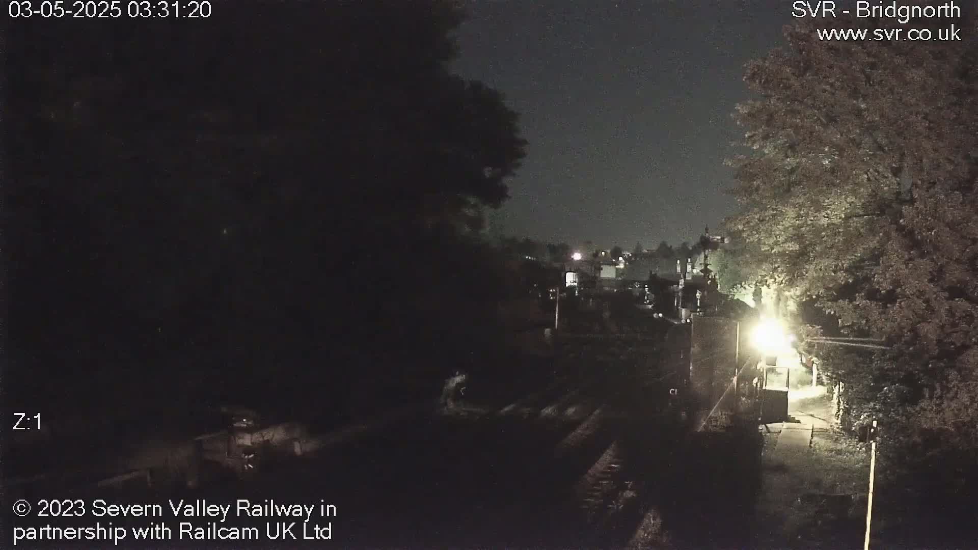 A nighttime view of a railway track, partially obscured by shadows and trees, under a clear, dark sky.