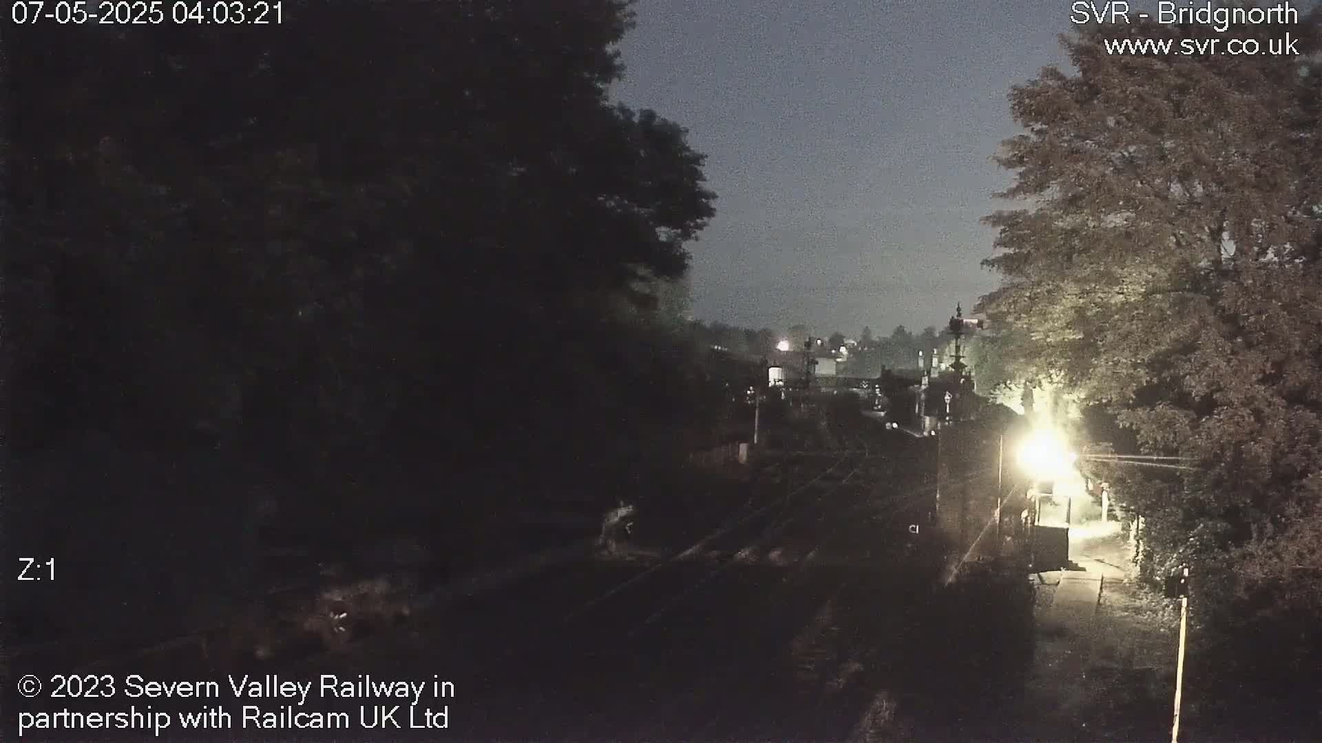 A nighttime, low-light view of a railway track, partially obscured by trees, with a dimly lit area nearby.
