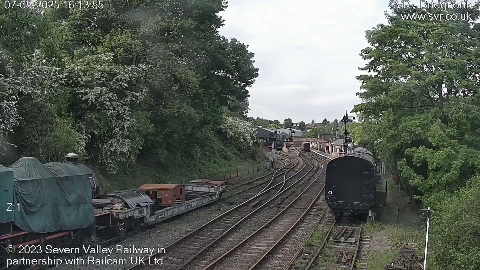 A railway scene on an overcast day shows multiple train cars and locomotives on a track that curves through a lush green landscape with trees.