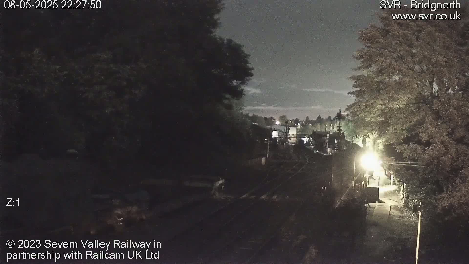 A nighttime view of a railway track, partially obscured by trees and shadows, with a dimly lit area nearby.