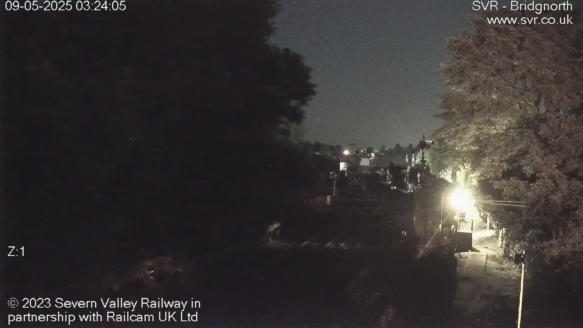 A nighttime, dimly lit view of a path or road lined with trees, leading toward some buildings in the distance.