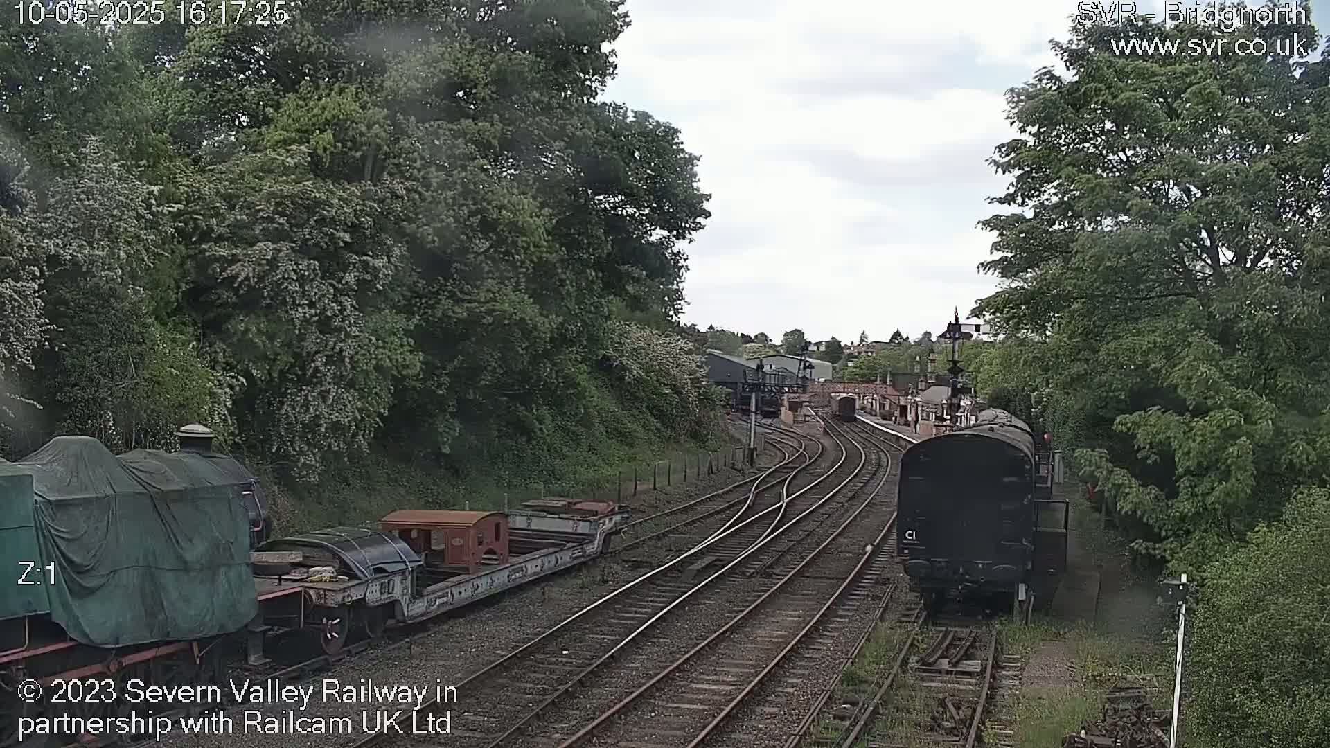 A view of a railway line on an overcast day shows two trains, one covered and one uncovered, with railway cars and lush green trees surrounding the tracks.